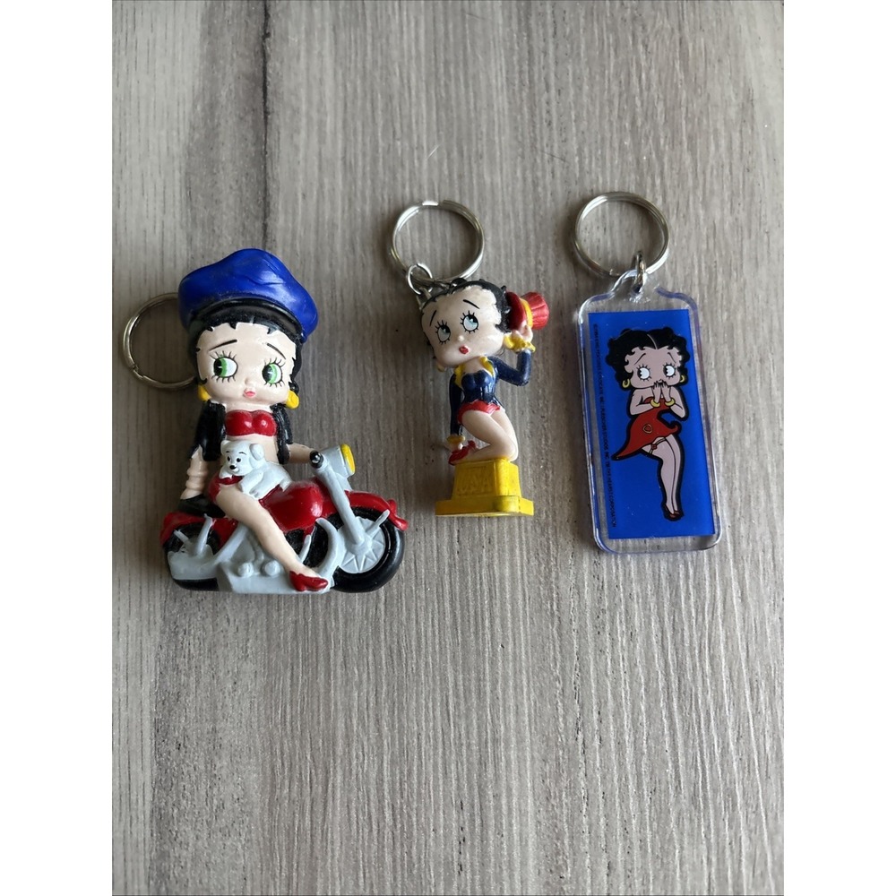 Lot Of 3 Betty Boop on Motorcycle Pvc Showtime, Acrylic figure keychains 3" Vtg